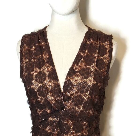 Eva Franco V Neck Sleeveless Lace Overlay Brown A Line Midi Dress Size 6 - Picture 4 of 16